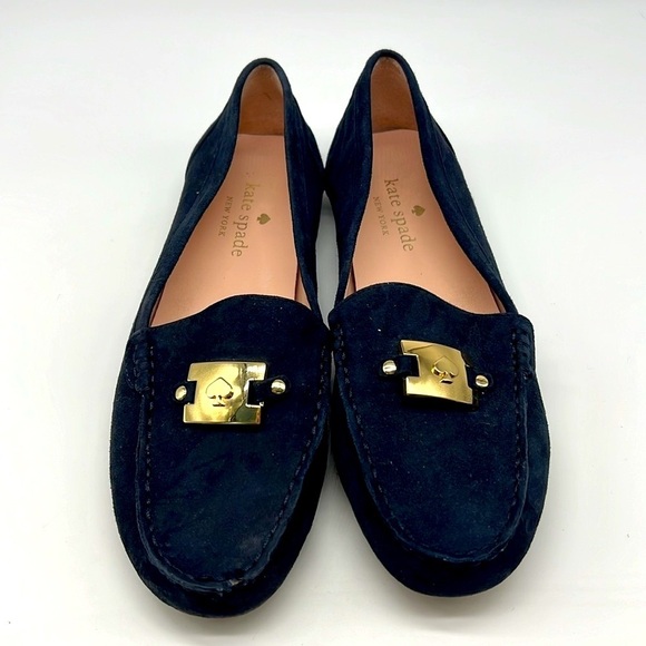 Kate Spade - Carmen Navy Suede Gold Logo Round Toe Driving Loafer Size 8 - Picture 2 of 16